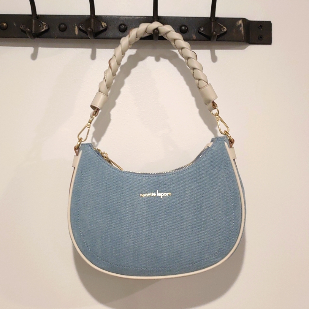 Nanette Lepore faded denim blue purse/hand bag, braided handle, gold detailing